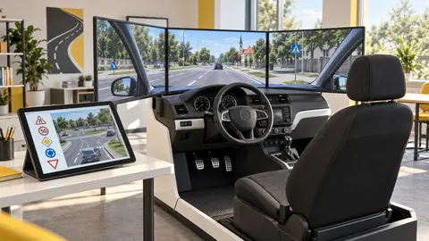 Digitális KRESZ-oktatás táblagéppel és háromképernyős vezetésszimulátorral – generált illusztráció